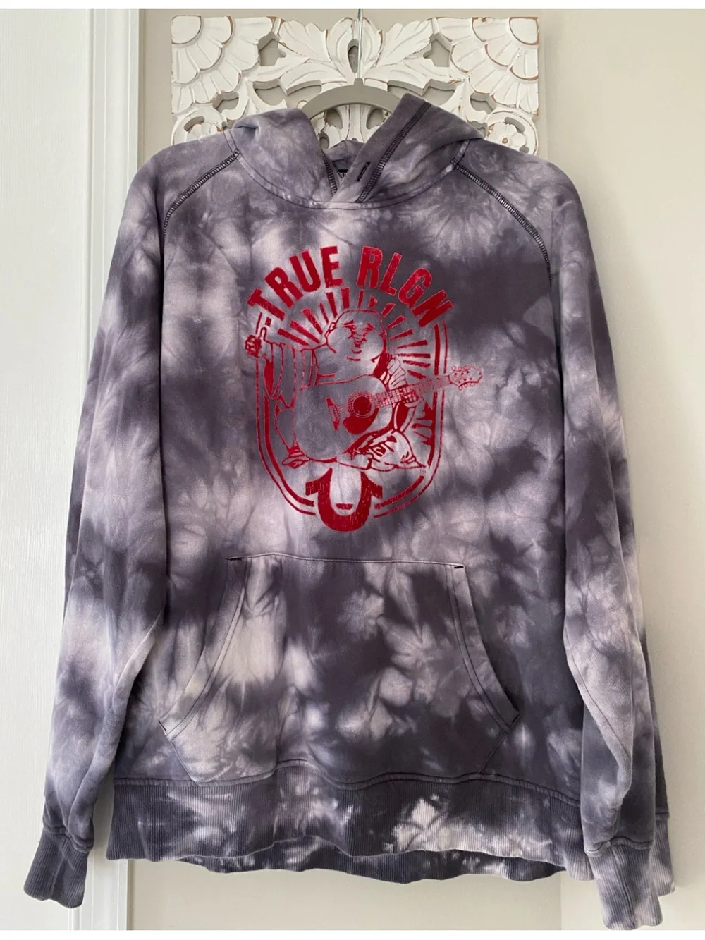 Men’s True Religion Tie Dye Graphic Hoodie Buddha Guitar Fleece Pullover Size L